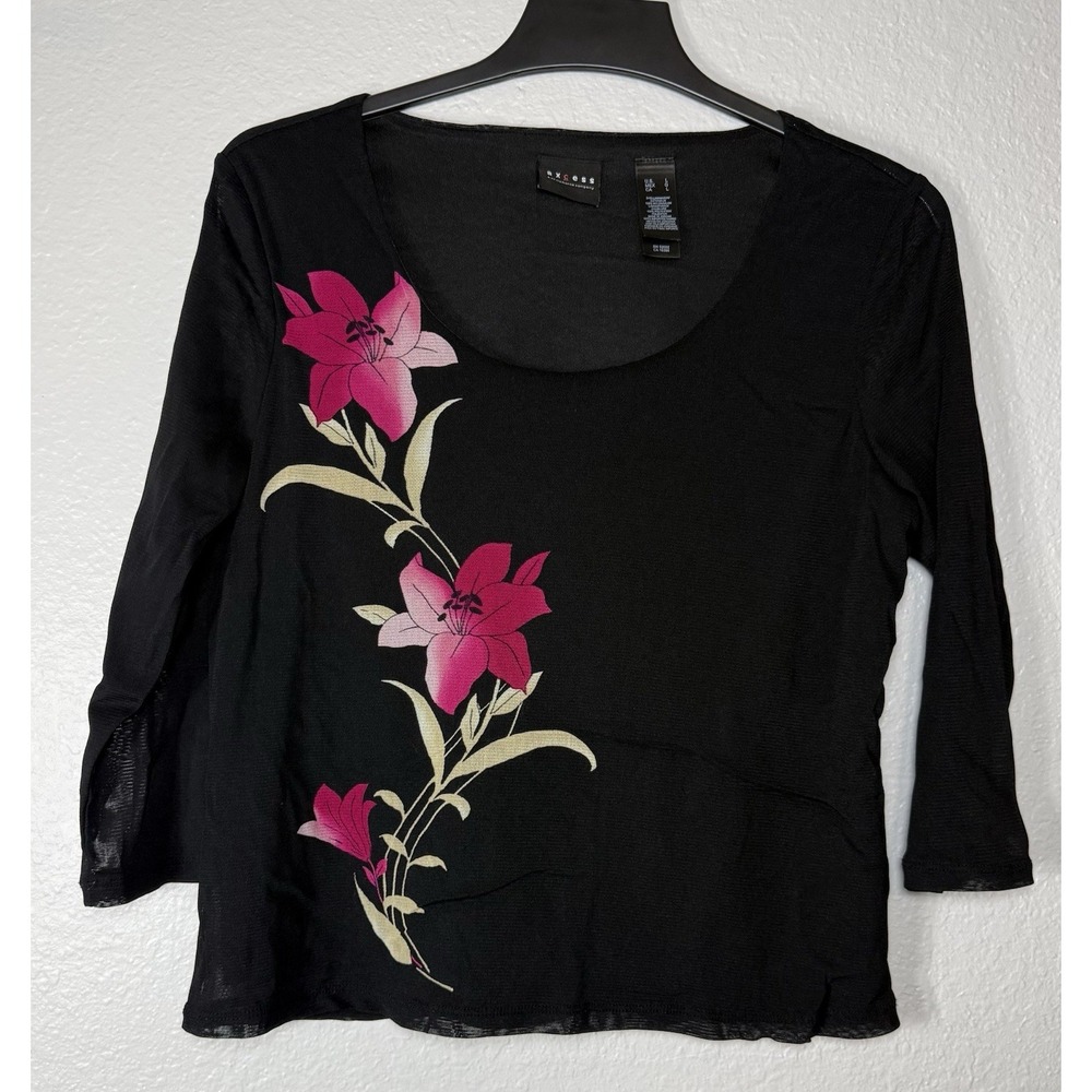 Black Mesh Floral Scoop Neck 3/4 Sleeve Blouse Women's Size L by Axcess
